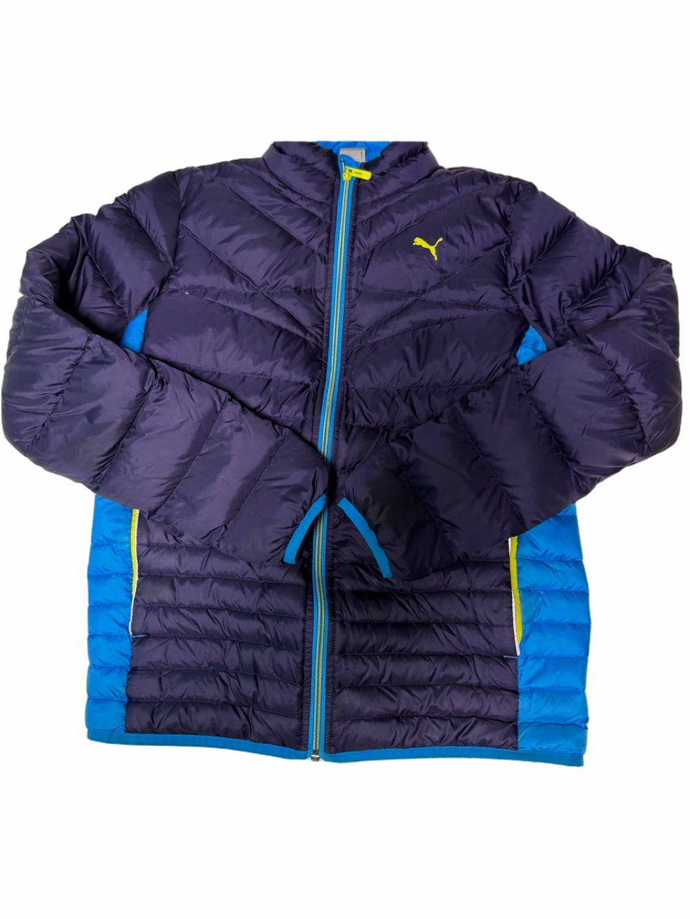 Puma Down Fill Kids Boy XL 14 Navy Bright Blue Puffer Jacket Yellow Logo
